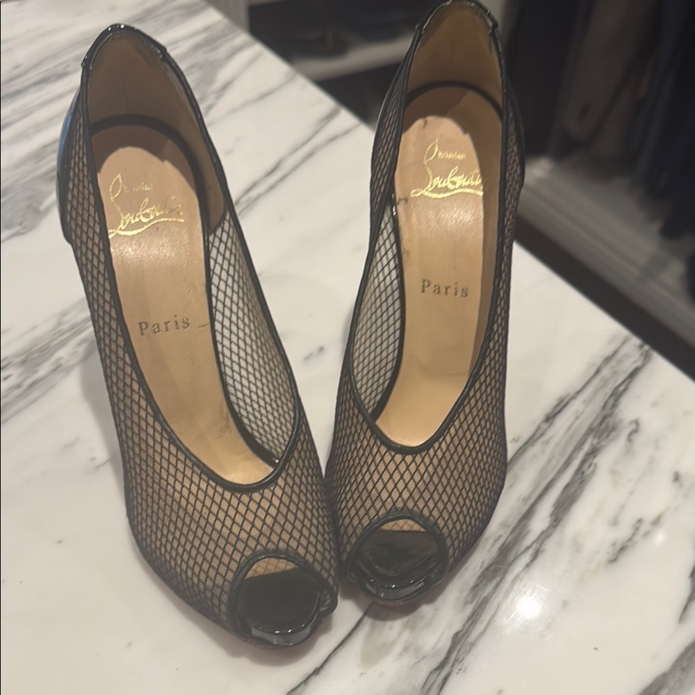 Christian Louboutin Black Mesh Peep Toe Heels